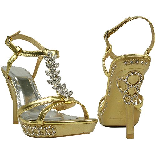 Generation Y Women's High Heels Platform Dress Sandals Angel Wing Rhinestones T Strap Gold SZ 8.5