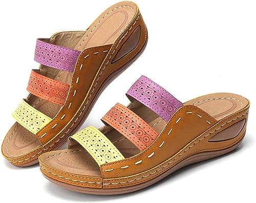 LUWAY Sandals Women's Fashion Flat Sandals Color Matching Comfort Orthopedic Sandals with Arch Support Ladies Summer Walking Sandals for Outdoor Sport Roman Sandals,Brown