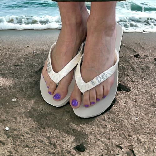Silver Glitter I DO Low Ivory Flip Flop Wedding Sandals (Ivory with silver I DO