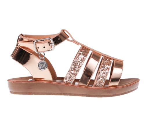 bebe Girls' Sandals - Trendy Flat Designs with Rhinestones, Puffy Straps, Embossed Details and Charms for Toddlers/Little Kids/Big Kids, Rose Gold
