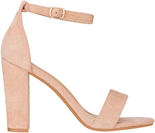 ILLUDE Women’s Open Toe Ankle Strap Chunky Block High Heel - Formal, Wedding, Party Classic Heeled Sandals - Ruby (6, Nude Suede)