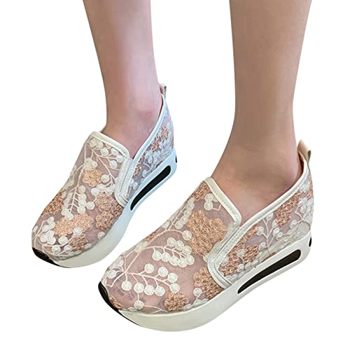 Fashion Sneakers for Women 2023 Floral Embroidery Breathable Sheer Mesh Sneakers Slip On Sneakers Platform Wedge Sneakers Dressy Casual Shoes Walking Sneakers (A-Pink