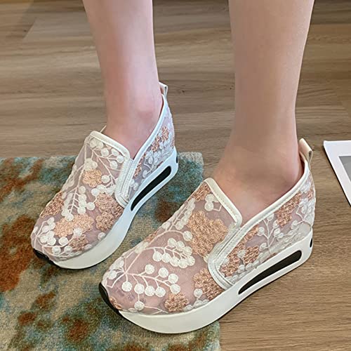 Fashion Sneakers for Women 2023 Floral Embroidery Breathable Sheer Mesh Sneakers Slip On Sneakers Platform Wedge Sneakers Dressy Casual Shoes Walking Sneakers (A-Pink