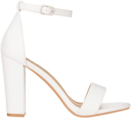 ILLUDE Women’s Open Toe Ankle Strap Chunky Block High Heel - Formal, Wedding, Party Classic Heeled Sandals - Ruby (10, White PU)