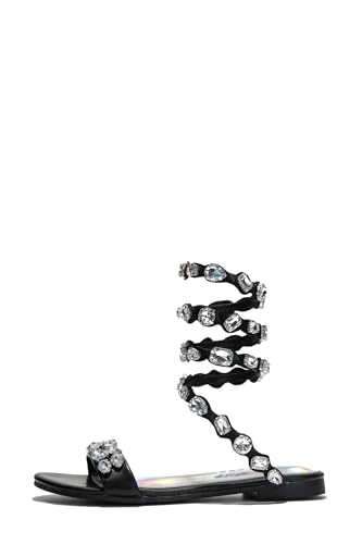 Cape Robbin Esmerelda Women's Rhinestone Gladiator Sandal, Strappy Lace Up Flat Gladiator Sandals for Women with Rhinestones. - Black Size 9