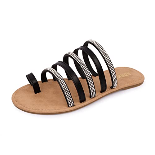 BENEKER Toe Ring Slide Rhinestone Strappy Gladiator Flat Sandals for Women Comfortable Sparkly Flip Flops, Dressy Thong Beach Shoes, Summer Wedding Fashion Sandals Black06