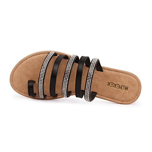BENEKER Toe Ring Slide Rhinestone Strappy Gladiator Flat Sandals for Women Comfortable Sparkly Flip Flops, Dressy Thong Beach Shoes, Summer Wedding Fashion Sandals Black06