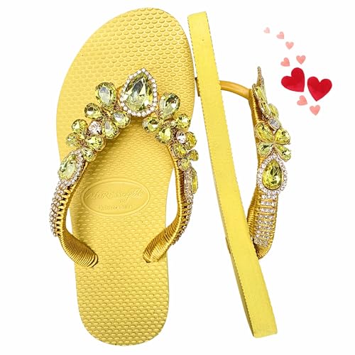 AdDRESSingMe Yellow Size 8 Glam Rhinestones Flip Flops Chanclas para Mujer Rhinestone sandals for women dressy Sparkly Sandals for Women Dressy Flip Flops Sandalias para Mujer Elegantes Yellow Sandals For Women