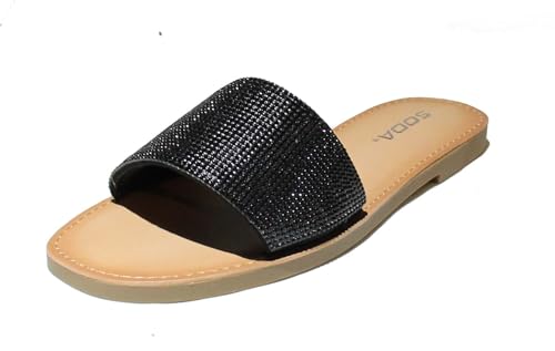 Soda JUSTICE ~ Women Casual Rhinestones Crystal Jewel Comfort Flip Flop Fashion Slide Flat Sandals (Black