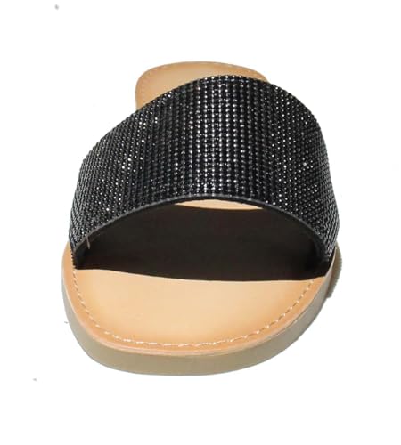 Soda JUSTICE ~ Women Casual Rhinestones Crystal Jewel Comfort Flip Flop Fashion Slide Flat Sandals (Black