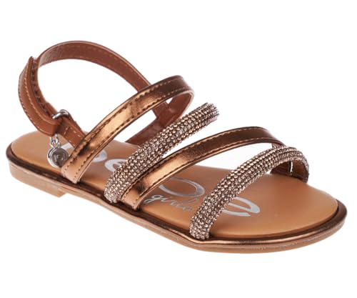 bebe Girls' Sandals - Trendy Flat Designs with Rhinestones, Puffy Straps, Embossed Details and Charms for Toddlers/Little Kids/Big Kids, Tan Multi