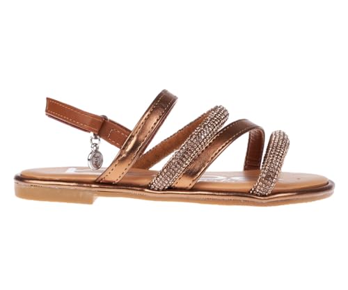bebe Girls' Sandals - Trendy Flat Designs with Rhinestones, Puffy Straps, Embossed Details and Charms for Toddlers/Little Kids/Big Kids, Tan Multi